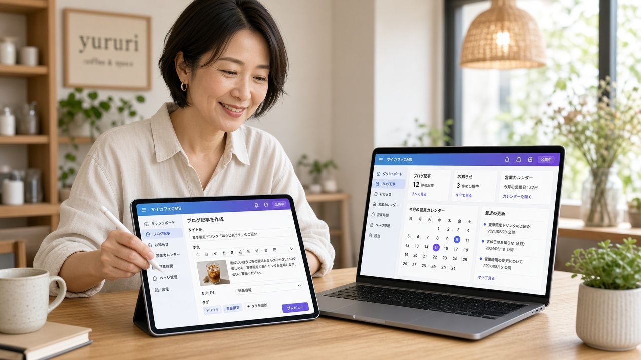 タブレットとノートパソコンで、ブログやお知らせ、営業カレンダーを更新している様子の見本
