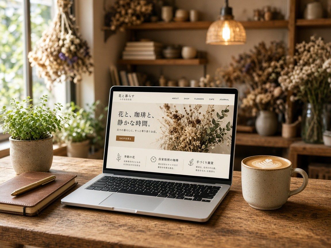 花と雑貨のお店のホームページを表示したノートパソコンの見本