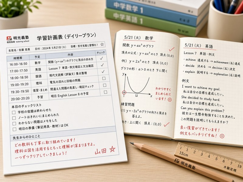 学習計画表とノート。雰囲気の見本写真